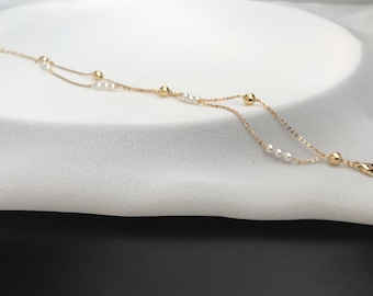 Bridal Wedding Bracelet, Tiny Delicate Pearl Bracelets, Bridesmaid Jewelry, 14k gold filled  Double Layered Chain, Anniversary Gift,