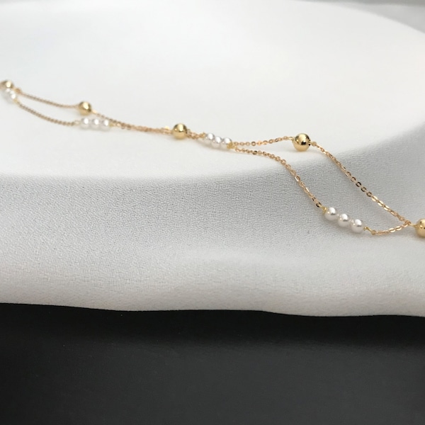 Bridal Wedding Bracelet, Tiny Delicate Pearl Bracelets, Bridesmaid Jewelry, 14k gold filled  Double Layered Chain, Anniversary Gift,