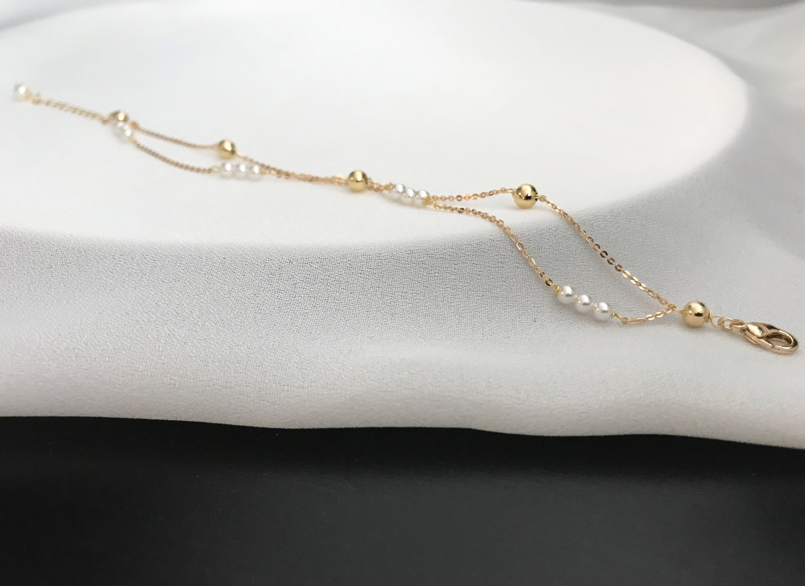 Bridal Wedding Bracelet, Tiny Delicate Pearl Bracelets, Bridesmaid Jewelry, 14k gold filled  Double Layered Chain, Anniversary Gift,