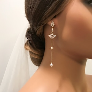 Bridal Zircon Leaf Earring, Freshwater Pearls, CZ Fan dangle Earrings, Wedding Jewelry, Anniversary gift for women