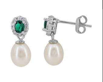 Freshwater pearl Dangle  Earrings, Bridal Emerald Green Earrings, May Birthstone, Sterling silver Cubic zirconia Studs, Mother’s Day Gift