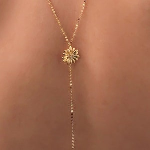 Bridal Backdrop Necklace: Gold Flower Charm, Pearl Lariat