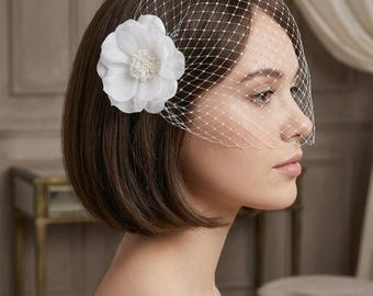 Flower Birdcage Veil, Floral Wedding French Netting Bridal veil.
