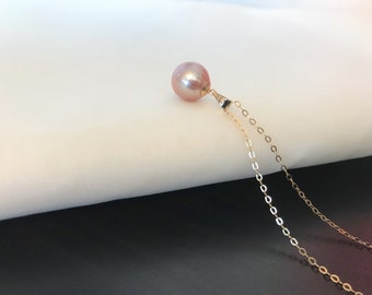 Edison Pearl Necklace: 14k Gold Filled Chain, Metallic Pink Pearl Pendant