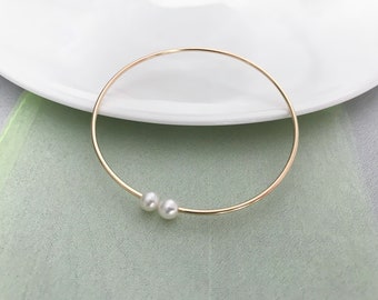 14k Gold filled Adjustable Bangle,  Double Pearl Bracelet, Thin gold Bangle, Bridesmaid Gift,  Gold bangle Cuff Bracelet, Gift for her