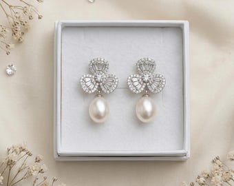 Sterling Silver Flower Earrings: Freshwater Pearl Bridal Jewelry