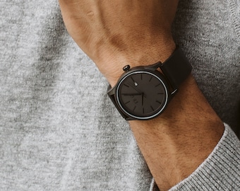 Black Watch, Mens Watches, Black Mens Watch, Watch Men, Leather Watch Men, Leather Watches, Gift for Him, 42mm Watch, Christmas Gift for Him