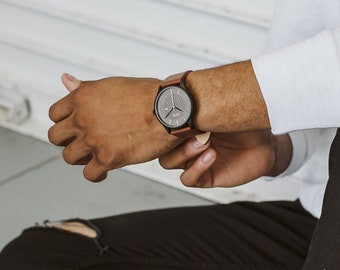 Reloj para hombre, negro con esfera gris y oro rosa, correas ecológicas disponibles, regalos de Navidad para hombre, joyería para hombre.