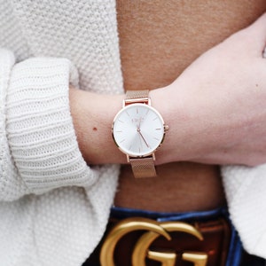 Rose Gold Watch Petite, Sunray Silver Dial, Rose Gold Watches for Women, Minimalist Watch Women, Wrist Watch, Uhren Damen, Armbanduhr Damen