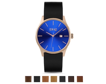 Mens Leather Watch, Watches for Men, Mens Wrist Watches, Mens Watch Rose Gold and Blue Dial, 42mm Stainless Steel Case, Wrist Watch for Men