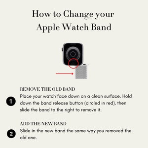 May include: A diagram showing how to change the band on an Apple Watch. The diagram shows a black Apple Watch with a red circle around the band release button. The text says "Remove the old band" and "Add the new band".