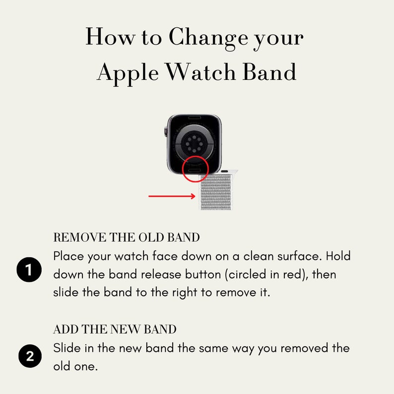 May include: A diagram showing how to change the band on an Apple Watch. The diagram shows a black Apple Watch with a red circle around the band release button. The text says "Remove the old band" and "Add the new band".