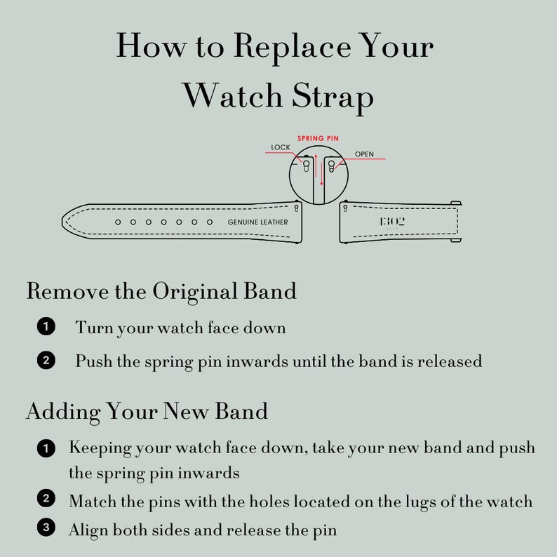Puede incluir: Un diagrama que muestra c&oacute;mo reemplazar una correa de reloj. El diagrama muestra una correa de reloj con el texto "Genuine Leather" y los pasos para quitar y reemplazar la correa.