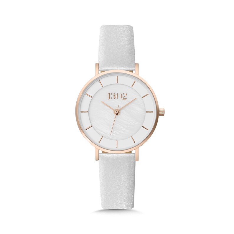 May include: A white wristwatch with a rose gold case and white leather band. The watch face has a white mother-of-pearl dial with rose gold hands and hour markers. The watch face also has the text "1302" printed on it.