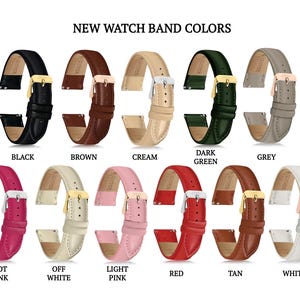 Puede incluir: Una colecci&oacute;n de correas de reloj en varios colores: negro, marr&oacute;n, crema, verde oscuro, gris, rosa intenso, blanco roto, rosa claro, rojo, beige y blanco. Cada correa se muestra con su hebilla y etiqueta de color.
