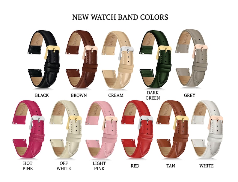 Puede incluir: Una colecci&oacute;n de correas de reloj en varios colores: negro, marr&oacute;n, crema, verde oscuro, gris, rosa intenso, blanco roto, rosa claro, rojo, beige y blanco. Cada correa se muestra con su hebilla y etiqueta de color.