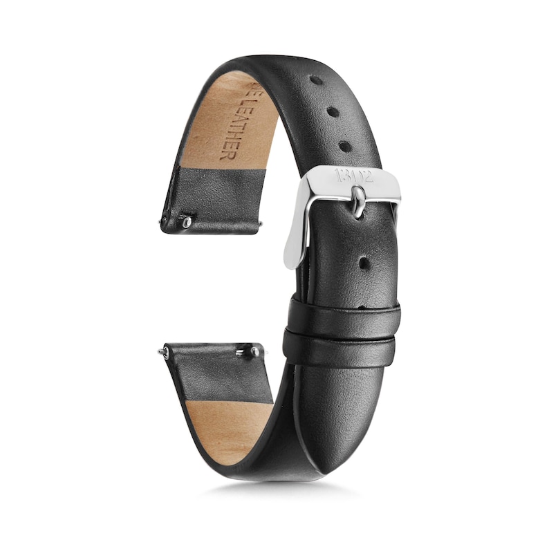 May include: A black leather watch strap featuring a silver-toned metal buckle with the engraving 1302. The strap has a smooth exterior finish, a light tan underside embossed with the word LEATHER, and integrated spring bars for attachment.