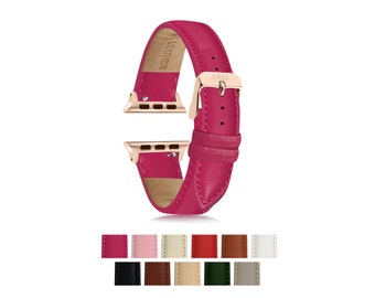 May include: A pink leather Apple Watch band with a rose gold buckle. The band is shown on a white background. The band is available in a variety of colors.