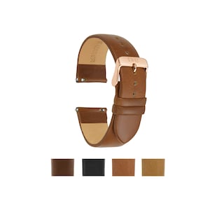 May include: A brown leather watch strap with a rose gold buckle. The strap is shown in four different colors: brown, black, tan, and light brown.