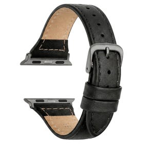 May include: Black leather watch strap with a silver-coloured buckle and connectors. The strap has a light tan interior and is designed for a smartwatch. The strap is made of a smooth, durable leather material.