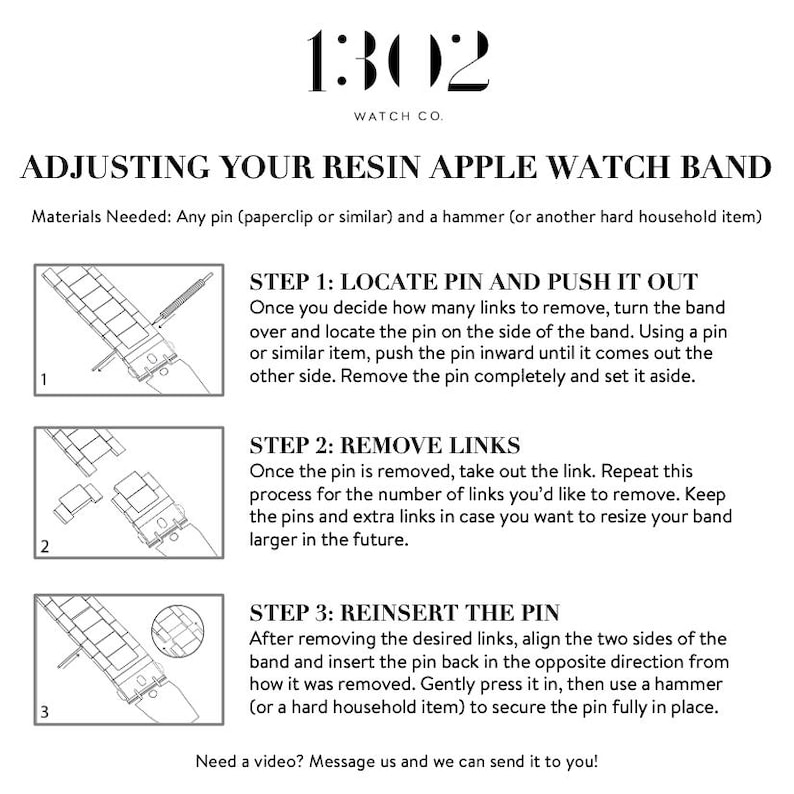 以下が含まれることがあります： 1302 WATCH CO. ADJUSTING YOUR RESIN APPLE WATCH BANDというタイトルの説明図。ピンとハンマーを使って時計バンドのピンやリンクを取り外す手順を示す3つの番号付き図解と、詳細なテキストステップが記載されています。
