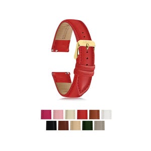 Puede incluir: Una correa de reloj de cuero rojo brillante con una hebilla dorada. La correa se muestra sobre un fondo blanco, con una selecci&oacute;n de otras opciones de color que se muestran a continuaci&oacute;n. La correa est&aacute; dise&ntilde;ada para un reloj.