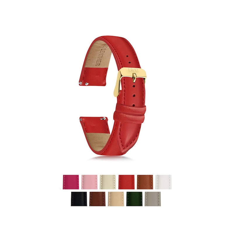 Puede incluir: Una correa de reloj de cuero rojo brillante con una hebilla dorada. La correa se muestra sobre un fondo blanco, con una selecci&oacute;n de otras opciones de color que se muestran a continuaci&oacute;n. La correa est&aacute; dise&ntilde;ada para un reloj.