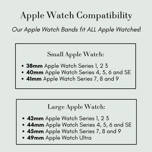 Puede incluir: Un gr&aacute;fico que muestra la compatibilidad de Apple Watch para diferentes tama&ntilde;os de correas. El gr&aacute;fico enumera las series de Apple Watch y los tama&ntilde;os de caja que son compatibles con las correas peque&ntilde;as y grandes.