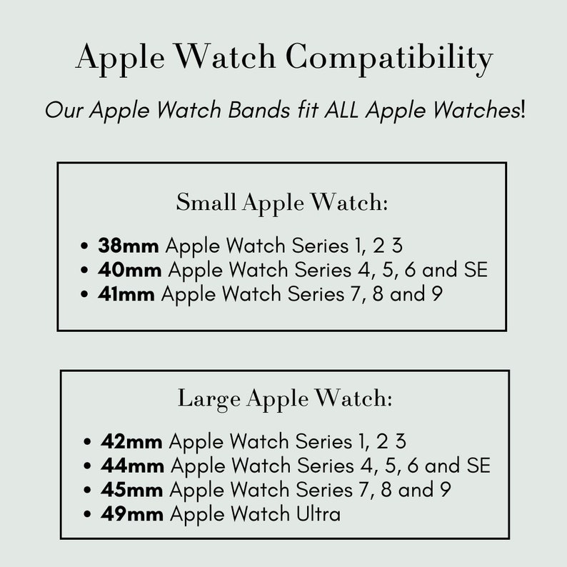 Puede incluir: Un gr&aacute;fico que muestra la compatibilidad de Apple Watch para diferentes tama&ntilde;os de correas. El gr&aacute;fico enumera las series de Apple Watch y los tama&ntilde;os de caja que son compatibles con las correas peque&ntilde;as y grandes.