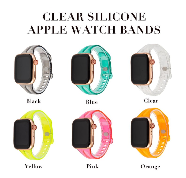 K&ouml;nnte beinhalten: Sechs transparente Silikon-Apple Watch-Armb&auml;nder in verschiedenen Farben: Schwarz, Blau, Klar, Gelb, Pink und Orange. Die Armb&auml;nder werden auf wei&szlig;em Hintergrund gezeigt.