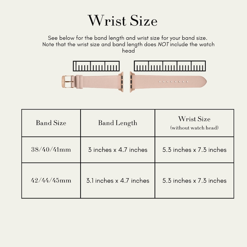 Puede incluir: Un gr&aacute;fico que muestra el tama&ntilde;o de la mu&ntilde;eca y la longitud de la banda para diferentes tama&ntilde;os de Apple Watch. El gr&aacute;fico muestra que un reloj de 38/40/41 mm tiene una longitud de banda de 3 pulgadas por 4,7 pulgadas y un tama&ntilde;o de mu&ntilde;eca de 5,3 pulgadas por 7,3 pulgadas. Un reloj de 42/44/45 mm tiene una longitud de banda de 3,1 pulgadas por 4,7 pulgadas y un tama&ntilde;o de mu&ntilde;eca de 5,3 pulgadas por 7,3 pulgadas.