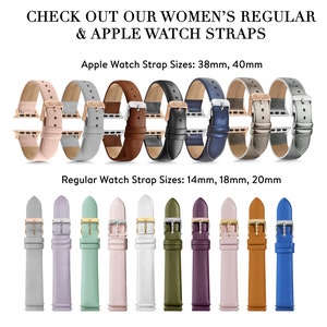 Pu&ograve; includere: Un set di 10 cinturini per orologio in pelle di vari colori. I cinturini sono disposti su due file, la fila superiore mostra cinturini per Apple Watch nelle dimensioni 38 mm e 40 mm, e la fila inferiore mostra cinturini per orologi normali nelle dimensioni 14 mm, 18 mm e 20 mm. I cinturini sono tutti realizzati in pelle di alta qualit&agrave; e hanno una fibbia in metallo lucido.