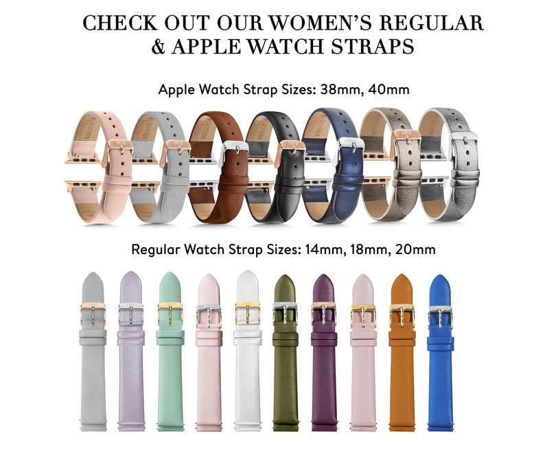 Pu&ograve; includere: Un set di 10 cinturini per orologio in pelle di vari colori. I cinturini sono disposti su due file, la fila superiore mostra cinturini per Apple Watch nelle dimensioni 38 mm e 40 mm, e la fila inferiore mostra cinturini per orologi normali nelle dimensioni 14 mm, 18 mm e 20 mm. I cinturini sono tutti realizzati in pelle di alta qualit&agrave; e hanno una fibbia in metallo lucido.