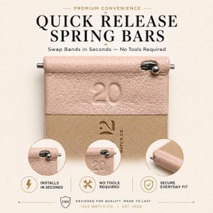 May include: A light pink leather watch strap featuring quick release spring bars. The strap is embossed with the number 20 and the text 1302 WATCH CO. The image includes text stating PREMIUM CONVENIENCE, QUICK RELEASE SPRING BARS, Swap Bands in Seconds &mdash; No Tools Required, INSTALLS IN SECONDS, NO TOOLS REQUIRED, SECURE EVERYDAY FIT, and DESIGNED FOR QUALITY. MADE TO LAST. 1302 WATCH CO. | EST. 2020.