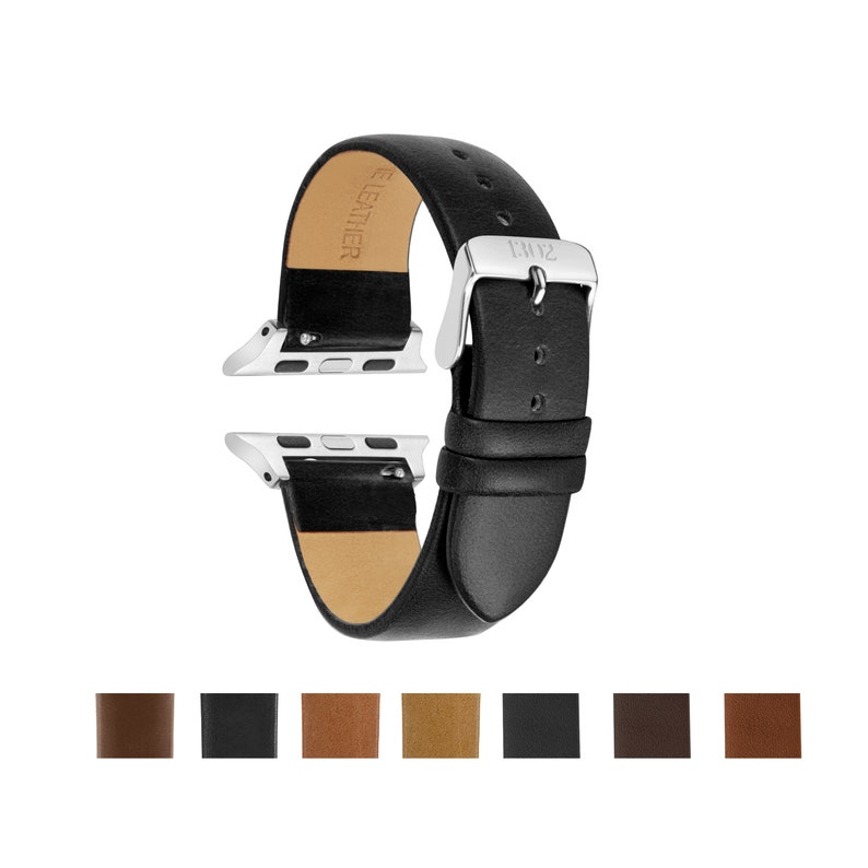 Pode incluir: Uma pulseira de rel&oacute;gio em couro preto com conectores de metal prateado e uma fivela prateada. O interior da pulseira tem gravado o texto GENUINE LEATHER. Abaixo da pulseira principal, existem oito pequenas amostras quadradas de cores.