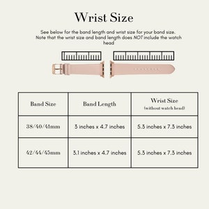 May include: A chart showing the wrist size and band length for different Apple Watch sizes. The chart shows that a 38/40/41mm watch has a band length of 3 inches by 4.7 inches and a wrist size of 5.3 inches by 7.3 inches. A 42/44/45mm watch has a band length of 3.1 inches by 4.7 inches and a wrist size of 5.3 inches by 7.3 inches.