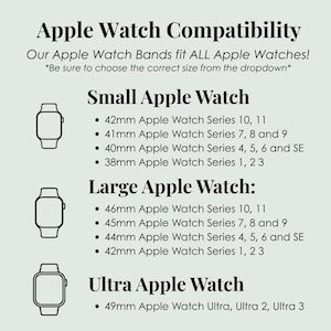 May include: A graphic detailing Apple Watch band compatibility. It lists sizes for Small, Large, and Ultra Apple Watches, including series numbers and sizes in millimetres. The text reads "Apple Watch Compatibility".