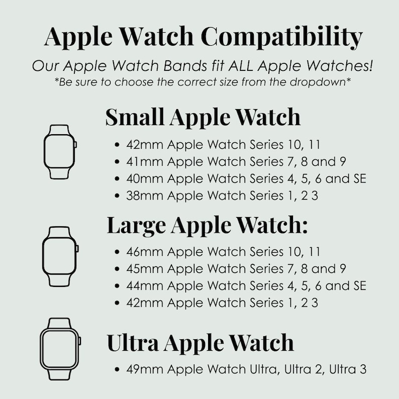 May include: A graphic detailing Apple Watch band compatibility. It lists sizes for Small, Large, and Ultra Apple Watches, including series numbers and sizes in millimetres. The text reads "Apple Watch Compatibility".
