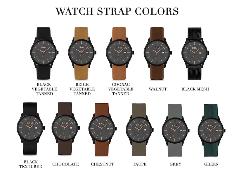 Pode incluir: Uma sele&ccedil;&atilde;o de pulseiras de rel&oacute;gio em v&aacute;rias cores e materiais, incluindo preto, bege, conhaque, noz, malha preta, chocolate, castanho, taupe, cinza e verde. As pulseiras s&atilde;o mostradas em um fundo branco.