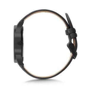 Pode incluir: Um rel&oacute;gio de pulso de couro preto com um mostrador preto e uma pulseira de couro preto.