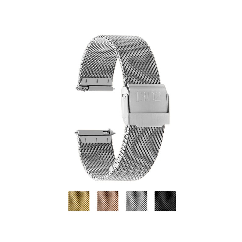 May include: Silver metal watch band with a mesh design. The band has a clasp with the text "1302" on it. The band is shown against a white background. The image also shows five color swatches: gold, rose gold, silver, gray, and black.