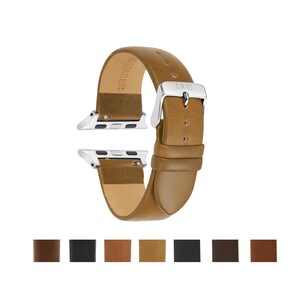 May include: A tan leather watch band with silver-tone metal connectors and a silver buckle. The interior of the strap is embossed with the text GENUINE LEATHER. Seven small color swatches are displayed in a row at the bottom of the image.