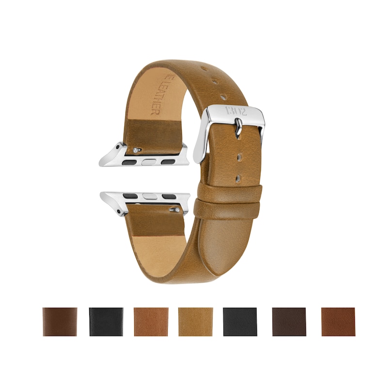 May include: A tan leather watch band with silver-tone metal connectors and a silver buckle. The interior of the strap is embossed with the text GENUINE LEATHER. Seven small color swatches are displayed in a row at the bottom of the image.