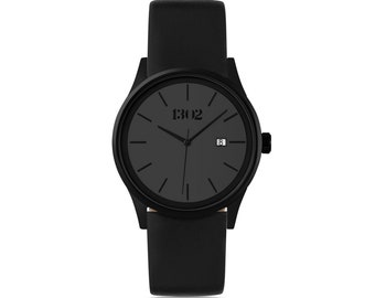 Black Watch for Men, Mens Leather Watch, Mens Watch, Watches for Men, Wrist Watch, 42mm Stainless Steel Case, 22mm Band, Minimalist Watch