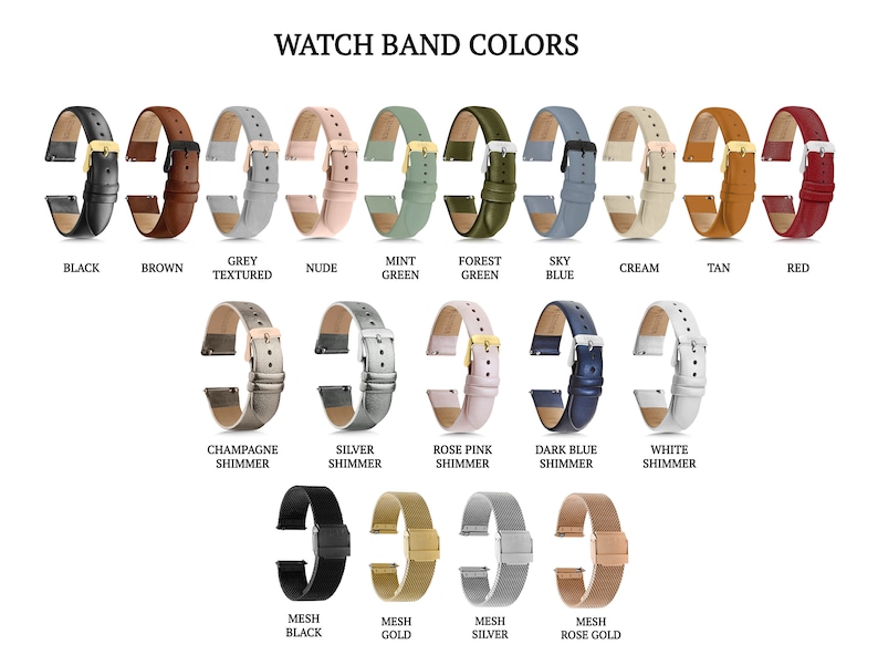 Puede incluir: Una variedad de colores y estilos de correas de reloj, incluyendo negro, marr&oacute;n, gris, nude, verde menta, verde bosque, azul cielo, crema, marr&oacute;n, rojo, brillo champ&aacute;n, brillo plateado, brillo rosa, brillo azul oscuro, brillo blanco, malla negra, malla dorada, malla plateada y malla oro rosa.