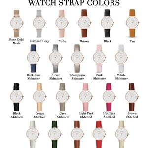 May include: A chart showing different watch strap colors and styles for a rose gold watch with a mother-of-pearl dial. The strap colors include black, brown, tan, nude, textured grey, rose gold mesh, dark blue shimmer, silver shimmer, champagne shimmer, pink shimmer, white shimmer, black stitched, cream stitched, grey stitched, light pink stitched, hot pink stitched, brown stitched, white stitched, green stitched, tan stitched, red stitched, and off white stitched.