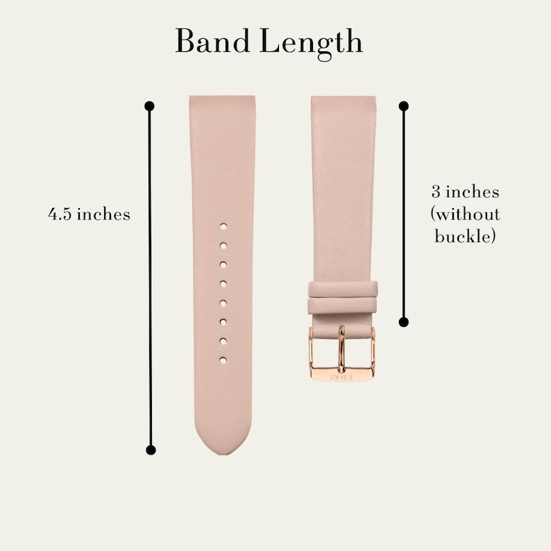 Puede incluir: Una correa de reloj de cuero rosa claro con una hebilla dorada. La correa mide 4,5 pulgadas de largo y 3 pulgadas de largo sin la hebilla.