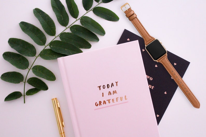 Pu&ograve; includere: Un taccuino rosa con le parole "TODAY I AM GRATEFUL" scritte in lettere dorate. Nell'immagine sono presenti anche una penna dorata e un orologio in pelle marrone.