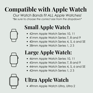 May include: A compatibility chart for Apple Watch bands featuring three watch icons. Text lists sizes for Small Apple Watch (38mm, 40mm, 41mm, 42mm), Large Apple Watch (42mm, 44mm, 45mm, 46mm), and Ultra Apple Watch (49mm) across various series models.