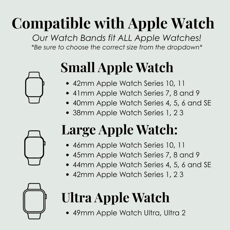 May include: A compatibility chart for Apple Watch bands featuring three watch icons. Text lists sizes for Small Apple Watch (38mm, 40mm, 41mm, 42mm), Large Apple Watch (42mm, 44mm, 45mm, 46mm), and Ultra Apple Watch (49mm) across various series models.